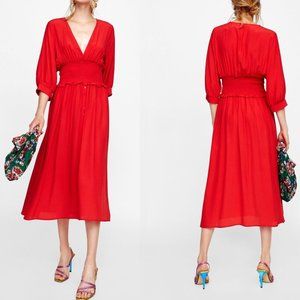 Zara red midi dress elastic ruched waist 3/4 sleeve NWT